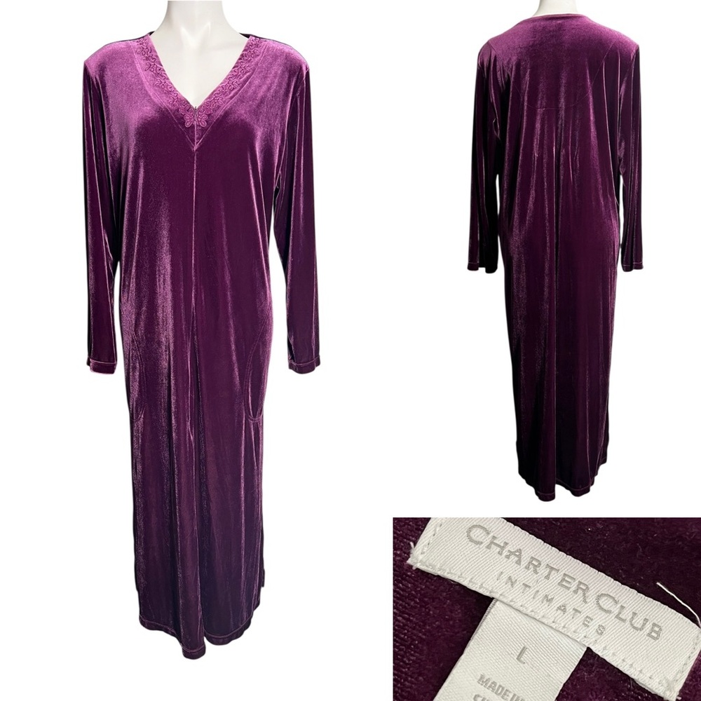 Charter Club Robe sz L Women's House Coat Long Velvet velour Zip-Front purple